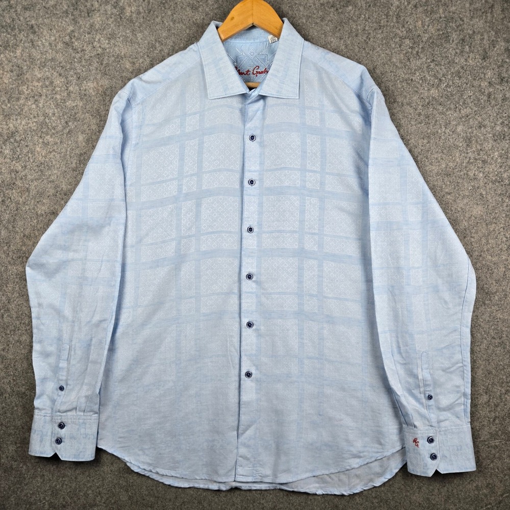 Robert Graham Button Down Shirt Mens 2XL Blue Linen Blend Jacquard Classic Fit